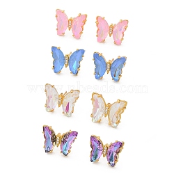 Brass Glass Stud Earring Findings, Butterfly, Golden, Mixed Color, 15x18.5mm(KK-D291-13G)