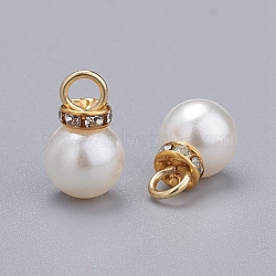 Acrylic Pearl Pendants, with Crystal Rhinestone and Golden Tone Iron Loop, Round, White, 19.5x12mm, Hole: 4.5mm(X-IFIN-I031-02A-G)