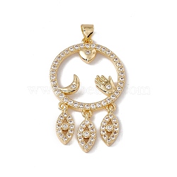 Brass Micro Pave Cubic Zirconia Pendants, Cadmium Free & Nickel Free & Lead Free, Rack Plating, Eye with Flat Round, Real 18K Gold Plated, 38x22.5x3mm, Hole: 3.5x5mm(KK-G439-36G)