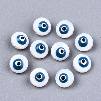 Natural Freshwater Shell Beads, with Enamel, Enamelled Sequins, Flat Round with Evil Eye, Marine Blue, 8.5x5.5mm, Hole: 0.8mm