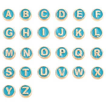 Alloy Enamel Beads, Flat Round with Letter, Light Gold, Sky Blue, 8x3.5mm, Hole: 1.4mm, 100pcs/bag