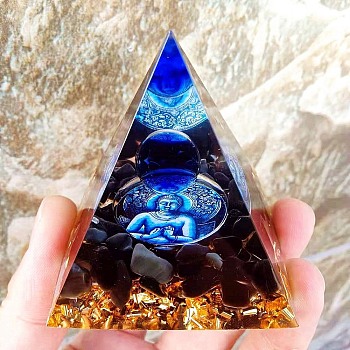 Orgonite Pyramid Resin Display Decorations, with Natural Agate Chips and Buddha Inside, for Home Office Desk, 60x60mm