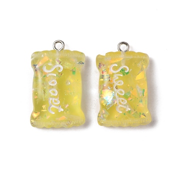 Transparent Resin Pendants, Candy Bag Charm with Word Sweet, Imitation Food, with Platinum Tone Iron Loops and Sequins, Yellow, 28x17.5x7mm, Hole: 2mm
