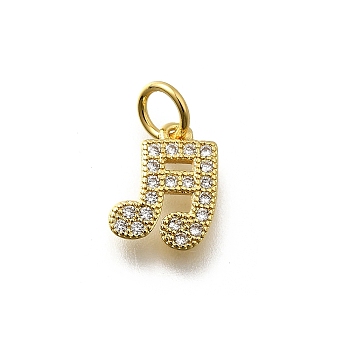 Brass Micro Pave Cubic Zirconia Charms, Musical Note Charms, Lead Free & Cadmium Free, Long-Lasting Plated, Rack Plating, with Jump Ring, Real 18K Gold Plated, 10.5x8x1.5mm, Hole: 3mm