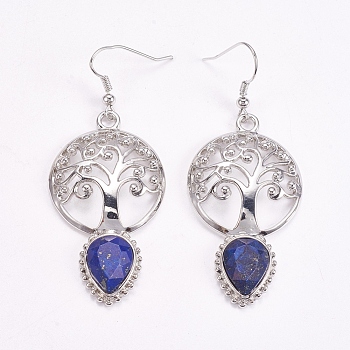 Brass Dangle Earrings, Natural Lapis Lazuli, Faceted, Hollow Flat Round with Tree of Life and Teardrop, Platinum, 66mm, Pin: 0.6mm