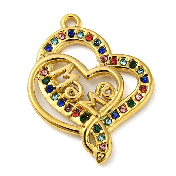 Ion Plating(IP) Real 18K Gold Plated 304 Stainless Steel Rhinestone Pendants, Heart with Word Mama Charms, for Mother's Day, Colorful, 28x21x3mm, Hole: 1.6mm