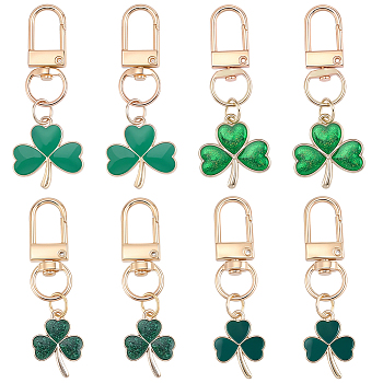 20Pcs 4 Styles Clover Alloy Enamel & Glitter Powder Pendant Decorations, with Swivel Clasps, Golden, Green, 57~58mm, 5pcs/style