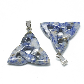 Natural Blue Spot Jasper Pendants, with Stainless Steel Snap On Bails, Trinity Knot/Triquetra, Irish, 23~40x33~38x5~7mm, Hole: 6x4mm