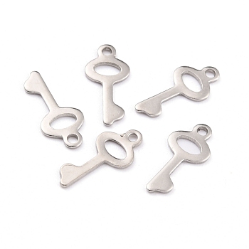 304 Stainless Steel Pendants, Key, Stainless Steel Color, 16x7.5x0.8mm, Hole: 1.2mm