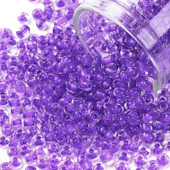 8/0 Glass Seed Beads, Transparent Inside Colours, Round Hole, Round, Purple, 8/0, 3~4x2~3mm, Hole: 0.8mm, about 15000pcs/bag