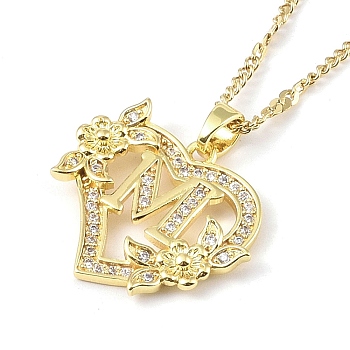 304 Stainless Steel Heart Pendant Necklaces with Cubic Zirconia, Letter Charms, Letter M, 16.54 inch(42cm)