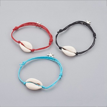 Cowhide Waxed Cotton Cord Bracelets, with Tibetan Style Alloy Charms and Cowrie Shell, Starfish/Sea Stars, Shell, Mixed Color, 1-3/8 inch(3.8cm)~2-3/4 inch(7cm)