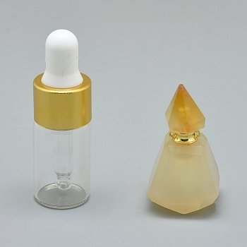 Faceted Natural Citrine Openable Perfume Bottle Pendants, with Brass Findings and Glass Essential Oil Bottles, 33~37x18~22mm, Hole: 0.8mm, Glass Bottle Capacity: 3ml(0.101 fl. oz), Gemstone Capacity: 1ml(0.03 fl. oz)