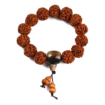 Mala Beads Bracelet, Round Dyed Rudraksha Beaded Stretch Bracelet for Women, with Plastic Beads, Coconut Brown, Inner Diameter: 2-5/8 inch(6.6~6.8cm)