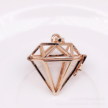 Brass Bead Cage Pendants, for Chime Ball Pendant Necklaces Making, Hollow Diamond Charm, Light Gold, 39x30mm