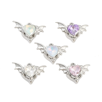 Rack Plating Alloy Glass Pendants, Flying Heart, Platinum, Mixed Color, 15.5x23.5x8.5mm, Hole: 2mm