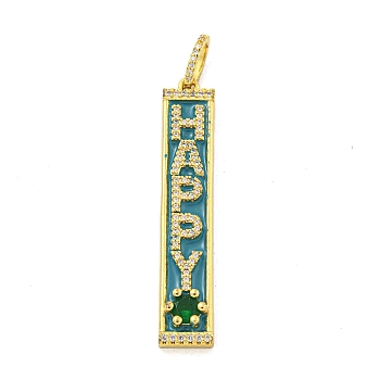 Real 18K Gold Plated Brass Micro Pave Cubic Zirconia Pendants, Rectangle with Word, Green, 49x9x4mm, Hole: 7.5x5mm