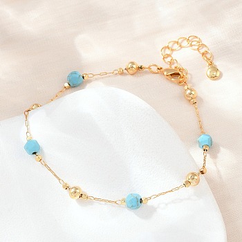 Brass & Synthetic Turquoise Link Chain Bracelets, Golden, 8.46 inch(21.5cm)