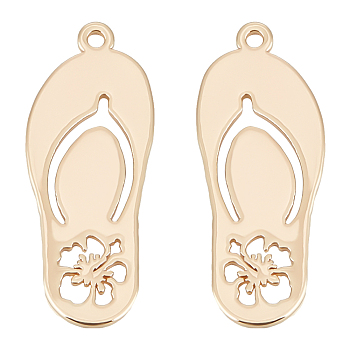 10Pcs Brass Pendants, Nickel Free, Real 18K Gold Plated, Slipper with Flower, Real 18K Gold Plated, 23x9.5x1mm, Hole: 1mm