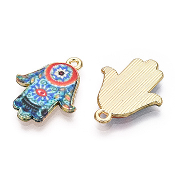 Printed Light Gold Tone Alloy Pendants, Hamsa Hand with Eye Charms, Dodger Blue, 23x18x2mm, Hole: 1.4mm