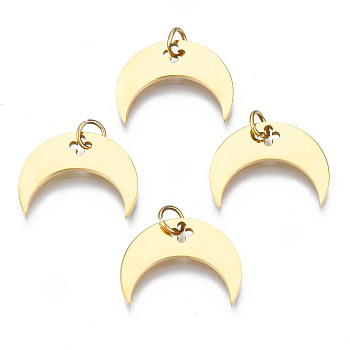 316 Surgical Stainless Steel Charms, with Jump Rings, Moon, Real 14K Gold Plated, 11.5x15x1mm, Jump Ring: 4mm in diameter, 0.5mm thick, 2.5mm inner diameter