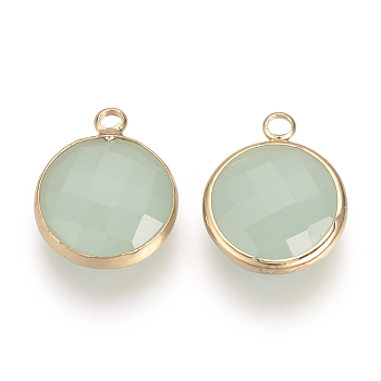 Glass Pendants, with Brass Findings, Faceted, Flat Round, Honeydew, 9.5x6.5x2.5mm, Hole: 2mm