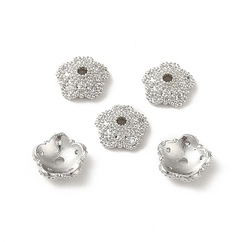 Rack Plating Brass Beads Caps, with Clear Cubic Zirconia, Long-Lasting Plated, Lead Free & Cadmium Free, Flower, Platinum, 8x8x2.5mm, Hole: 1.2mm