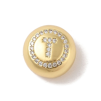 Rack Plating Brass & Cubic Zirconia Pendants, Cadmium Free & Lead Free, Long-Lasting Plated, Flat Round with Letter, Letter T, 13x7mm, Hole: 4x3mm