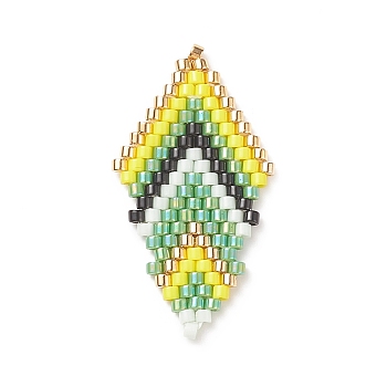 Handmade Japanese Seed Beads, Loom Pattern, Leaf, Green, 31x17x2mm