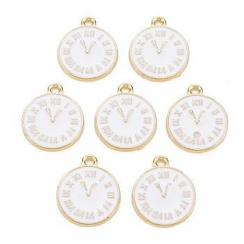 Clock Alloy Enamel Pendants, White, Light Gold, 17x14.5x1.5mm, Hole: 1.5mm