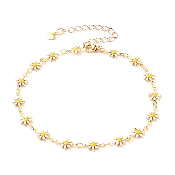 Brass Enamel Daisy Link Chain Anklets, with 304 Stainless Steel Lobster Claw Clasps & Heart Charms, Golden, 9-5/8 inch(24.5cm)