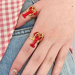 Brass Enamel Cuff Rings for Women, Golden, Shrimp, 27x18mm(RJEW-P157-01A-G)