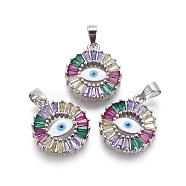 Brass Enamel Pendant, with Cubic Zirconia, Flat Round with Evil Eye, Colorful, Platinum, 18x15.5x3mm, Hole: 4x5mm(KK-L177-46P)