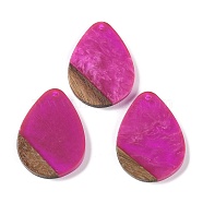 Resin & Wood Pendants, Teardrop Charms, Fuchsia, 35.5x26.5x3mm, Hole: 2mm(WOOD-F015-07B)