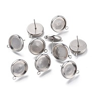 304 Stainless Steel Stud Earring Settings, with Loop, Flat Round, Stainless Steel Color, Flat Round: 17x14.5mm, Hole: 1.6mm, Pin: 0.8mm, Tray: 12mm(STAS-I161-01E-P)