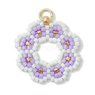 Handmade Seed Beads Pendants, with Elastic Thread, Loom Pattern, Flower, Violet, 23x22x3mm, Hole: 3.4mm(PALLOY-MZ00205-01)