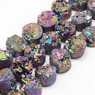 Electroplated Natural Druzy Quartz Crystal Bead Strands, Flat Round, Dyed, Colorful, 7~12x5~10mm, Hole: 1.5mm, about 16pcs/strand, 7.8 inch(G-G889-05)