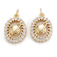 Brass Micro Pave Clear Cubic Zirconia Pendants, Long-Lasting Plated, Oval with Planet, Real 18K Gold Plated, 18x12.5x3mm, Hole: 3.6mm(ZIRC-M115-16G)