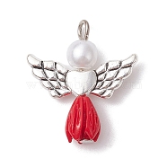 Resin Imitation Pearl Pendants, Rose Angel Charms with Antique Silver Plated Alloy Heart Wings, Red, 23.5~24x21.5x7mm, Hole: 1.8~2.2mm(PALLOY-JF02566-01)