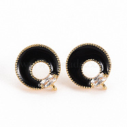 Brass Clear Cubic Zirconia Stud Earring Findings, with Loop & Enamel, Nickel Free, Real 18K Gold Plated, Donut, Black, 11.5mm, Hole: 0.8mm, Pin: 0.7mm(KK-S356-242A-NF)
