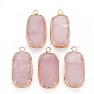 Natural Rose Quartz Pendants, with Golden Plated Brass Edge and Loop, Rectangle, 31.5x15x6~7mm, Hole: 2.5mm(G-S359-292D)