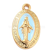 Golden Alloy Enamel Pendants, Long-Lasting Plated, Our Lady of the Miraculous Medal, Oval, Light Cyan, 21x12x1.5mm, Hole: 1.7mm(KK-P197-16E)