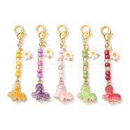 Glass Seed Bead Pendant Decorations, with Alloy Enamel Butterfly Charms, Mixed Color, 65mm(HJEW-MZ00051)