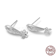 Rhodium Plated Flower 925 Sterling Silver Micro Pave Cubic Zirconia Stud Earring Findings, for Half Drilled Beads, with S925 Stamp, Real Platinum Plated, 19x5.5mm, Pin: 0.9mm and 11x0.9mm(STER-P056-12P)