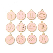 (Defective Closeout Sale: Blackening) Alloy Enamel Pendants, Flat Round with Twelve Constellation Charms, Misty Rose, 21.5x18x2mm, Hole: 1.8mm, about 12pcs/set(ENAM-XCP0001-39)