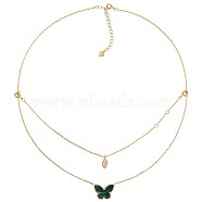 Natural Malachite Butterfly & Cubic Zirconia Oval Pendant Double Layered Necklace, 925 Sterling Silver Charms Bracelet Necklace Jewelry Set for Women, Real 18K Gold Plated, 15.35 inch(39cm)(JN1057A)