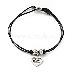 304 Stainless Steel Heart with Word Mama Charm Bracelet with Waxed Cord for Mother's Day, Stainless Steel Color, 7 inch(17.8cm)(BJEW-A125-24)