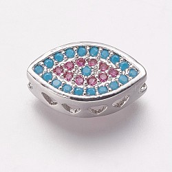 Brass Cubic Zirconia Beads, Horse Eye, Light Sky Blue&Violet, Platinum, 7.5x13x4mm, Hole: 1.5mm(KK-P134-01P)