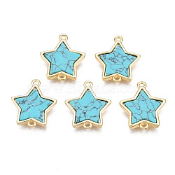 Brass Connector Charms, with Synthetic Turquoise, Cadmium Free & Nickel Free & Lead Free, Real 18K Gold Plated, Star, Dark Turquoise, 17x15.5x3mm, Hole: 1.2mm(KK-N233-173B-01B)