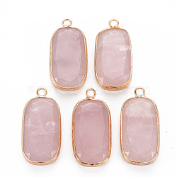 Natural Rose Quartz Pendants, with Golden Plated Brass Edge and Loop, Rectangle, 31.5x15x6~7mm, Hole: 2.5mm(G-S359-292D)